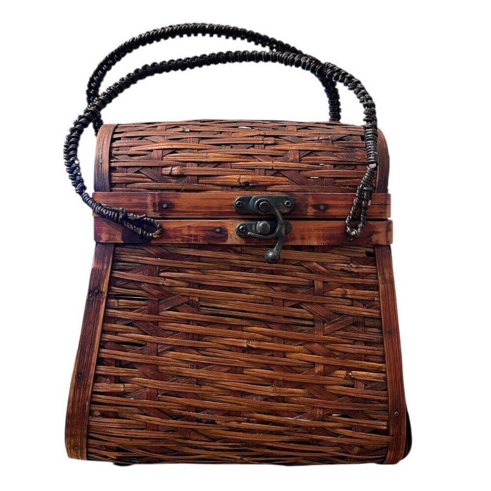 Vintage Hinged Brown Wicker Basket Purse Rounded Top Double Handles Handbag